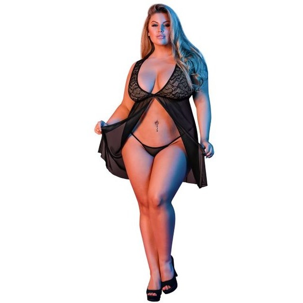 SEXY TIME FLY AWAY BABY DOLL & G-STRING SET BLACK 2X