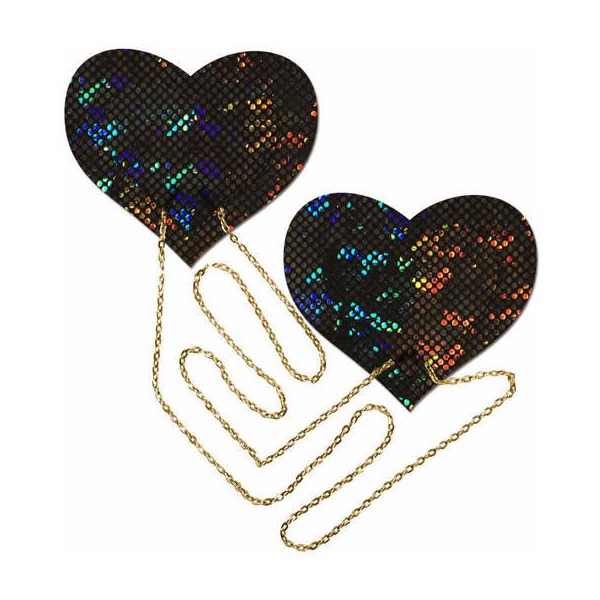 BLACK SHATTERED DISCO BALL HEART W/ GOLD CHAINS PASTIES
