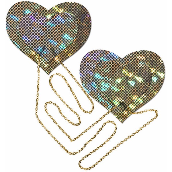 GOLD SHATTERED DISCO BALL HEART W/ GOLD CHAINS PASTIES